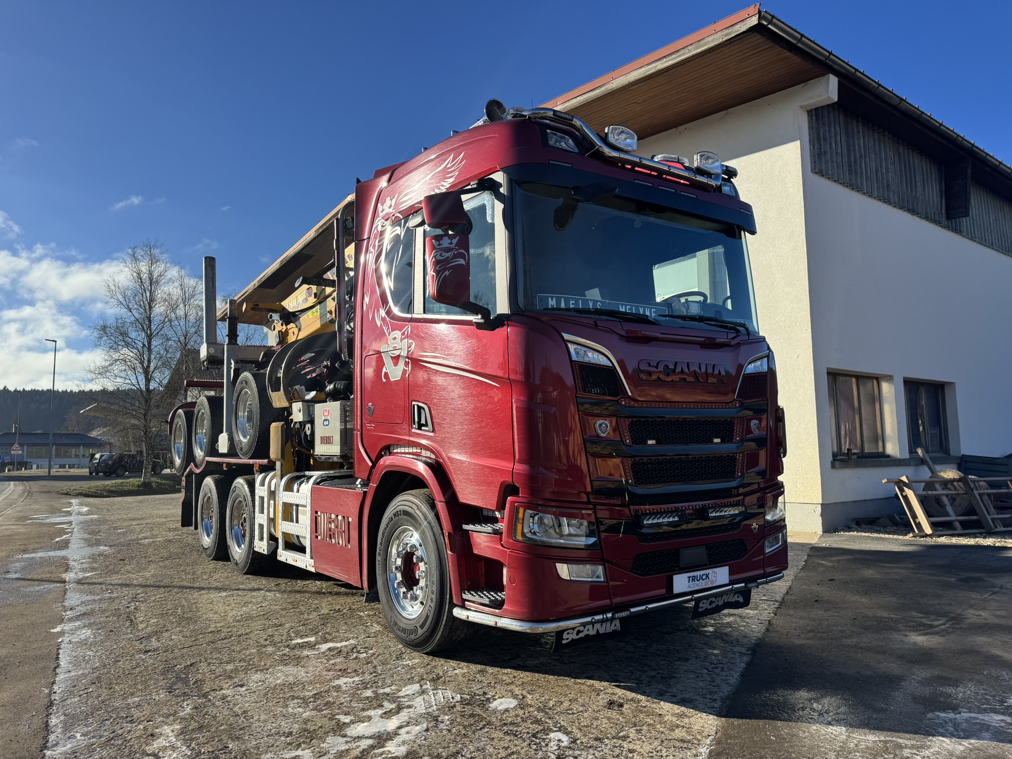 Vehicule SCANIA 6×4 V8 R730 B6x4NZ Grue TAJFUN LIV 320K Remorque DIEBOLT AR5670
